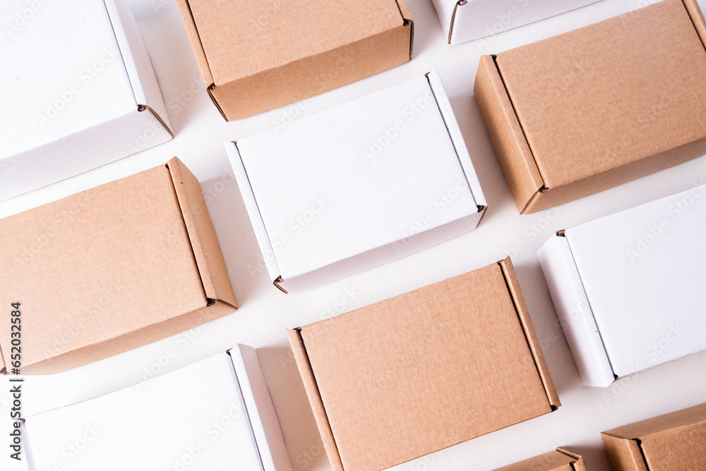 Lot of cardboard box, brown and white, mockup Lot of cardboard box, brown and white, mockup