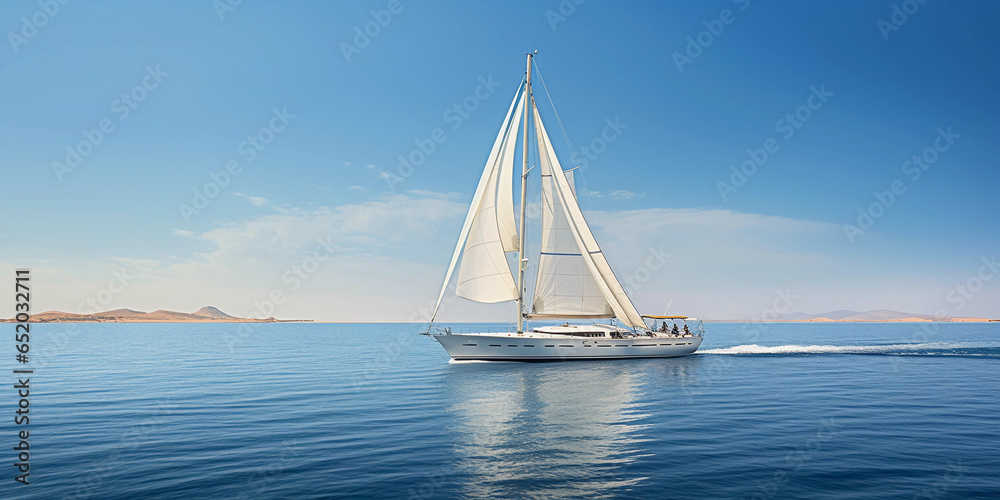 Obraz premium luxury yacht cruising on open sea, full sail, sparkling water, cloudless sky, millionaire lifestyle