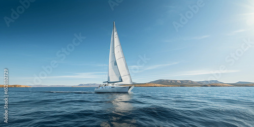 luxury yacht cruising on open sea, full sail, sparkling water, cloudless sky, millionaire lifestyle