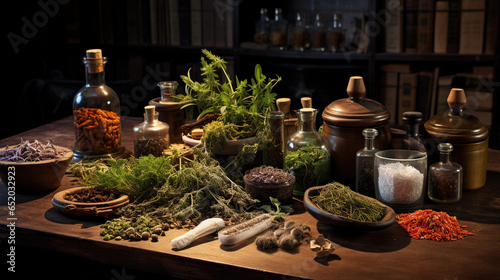 Elevated view of an apothecary table with various herb bundles and mortar and pestle, rustic vibe, ambient lighting