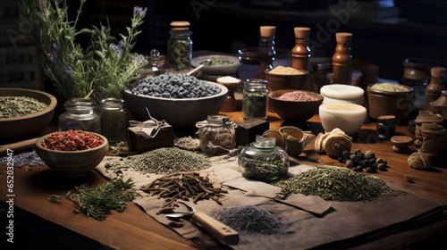 Elevated view of an apothecary table with various herb bundles and mortar and pestle, rustic vibe, ambient lighting