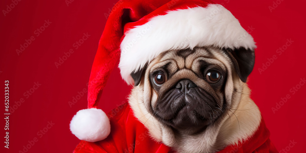 Pug in a Santa Claus hat on a red background, copy space for text