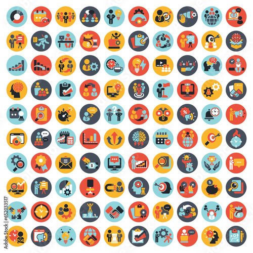 Business and management icon set. Icons for leadership, teamwork, job and work, statistics, analytics and advertising. Flat vector illustration. Blue icon for business collection 