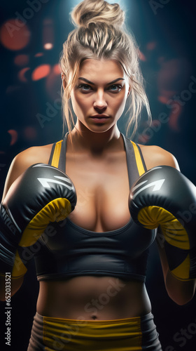 Portrait of a young woman in boxing gloves on a black background