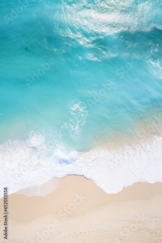Overhead view of beautiful crystal water waves washing onshore on a pristine beach, sunny day. Tropical shoreline. Aerial drone like view. Generative AI. 