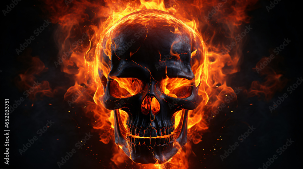 Black skull in fire flames