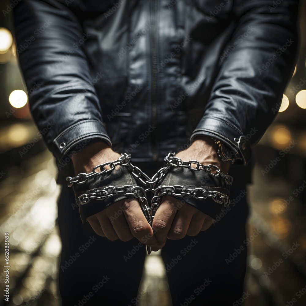 Male hands shackled, hands tied with a chain. Restriction of hand movement with handcuffs. Concept: Prisoner Man Trapped
