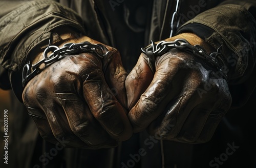 Male hands shackled, hands tied with a chain. Restriction of hand movement with handcuffs. Concept: Prisoner Man Trapped  © Marynkka_muis