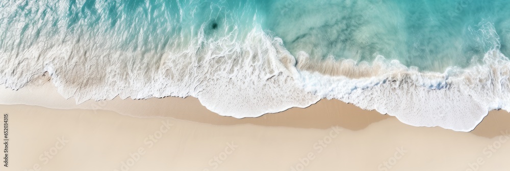 Overhead view of beautiful crystal water waves washing onshore on a pristine beach, sunny day. Tropical shoreline. Aerial drone like view. Generative AI.
 - obrazy, fototapety, plakaty 