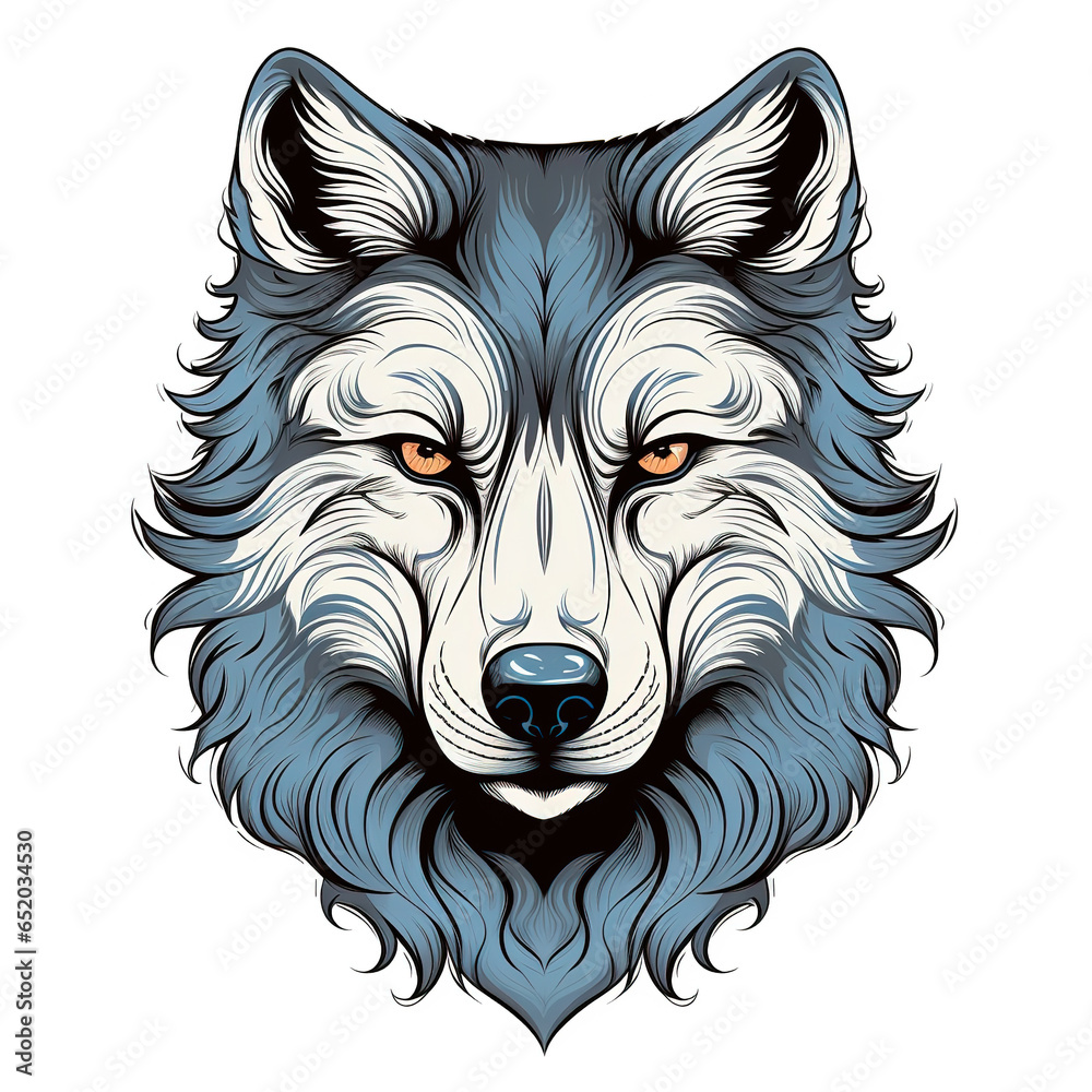 Naklejka premium Wolf face on white background, cartoon, generative ai 