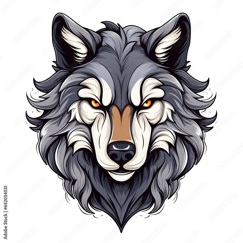 Wolf face on white background, cartoon, generative ai 