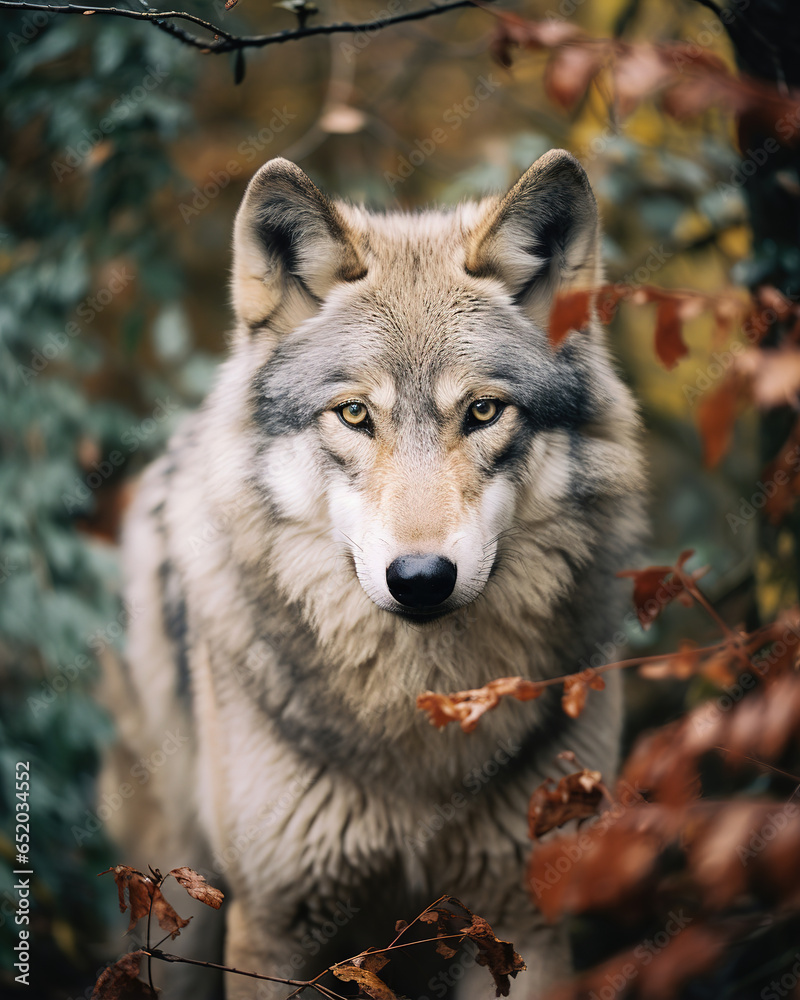 wolf portrait, autumn forest, generative ai 
