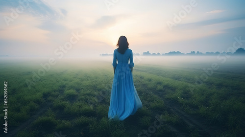 woman in a blue dress standing in the middle of a field, generative ai 