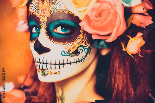 sugar skull goddess La Catrina with flowers and rithual makeup photo