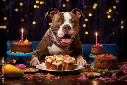 A cute dog sitting in front of a cake with candles. Perfect for birthday celebrations and pet-themed events.