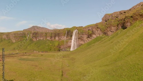 Seljalandfoss, Iceland. Amazing aerial view from drone in summer season photo
