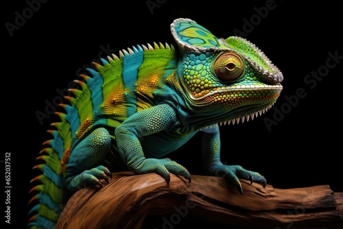Panther chameleon walking on spiral wood with a black background © AMINE