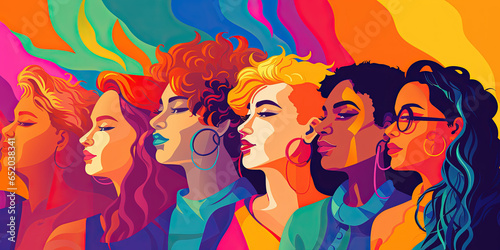Empowered women against a rainbow background, colorful vibrant portraits