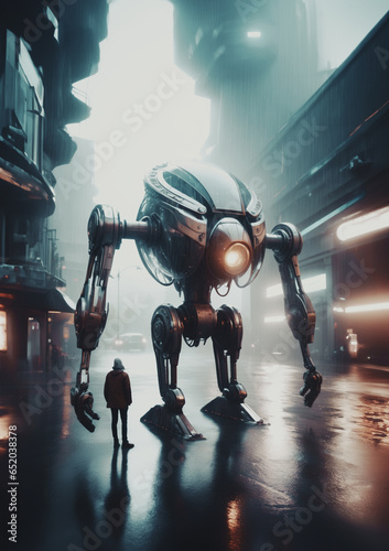 futuristico robot meccanico, mecha,  fermo sotto la pioggia in un strada cittadina, ambientazione cupa e piovosa