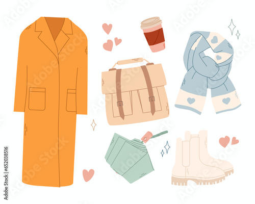 Autumn mood. Autumn season clothing and accessories. Flat vector elements. Painted autumn coat, coffee, autumn shoes, heat, warm scarf, umbrella, bag. Cute cozy colorful illustration isolated on white