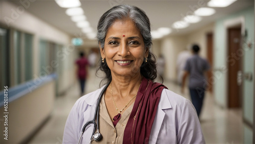 Ritratto di una dottoressa di 55 anni di origini indiane nel corridoio di un ospedale, vestita con il camice professionale e con elementi di vestiti tipici photo