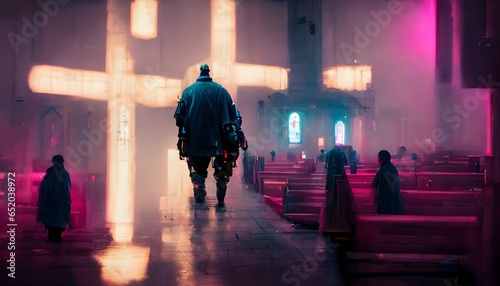 A cyberpunk documentary photograph of a man walking down a church aisle Unreal Engine Octane Render 