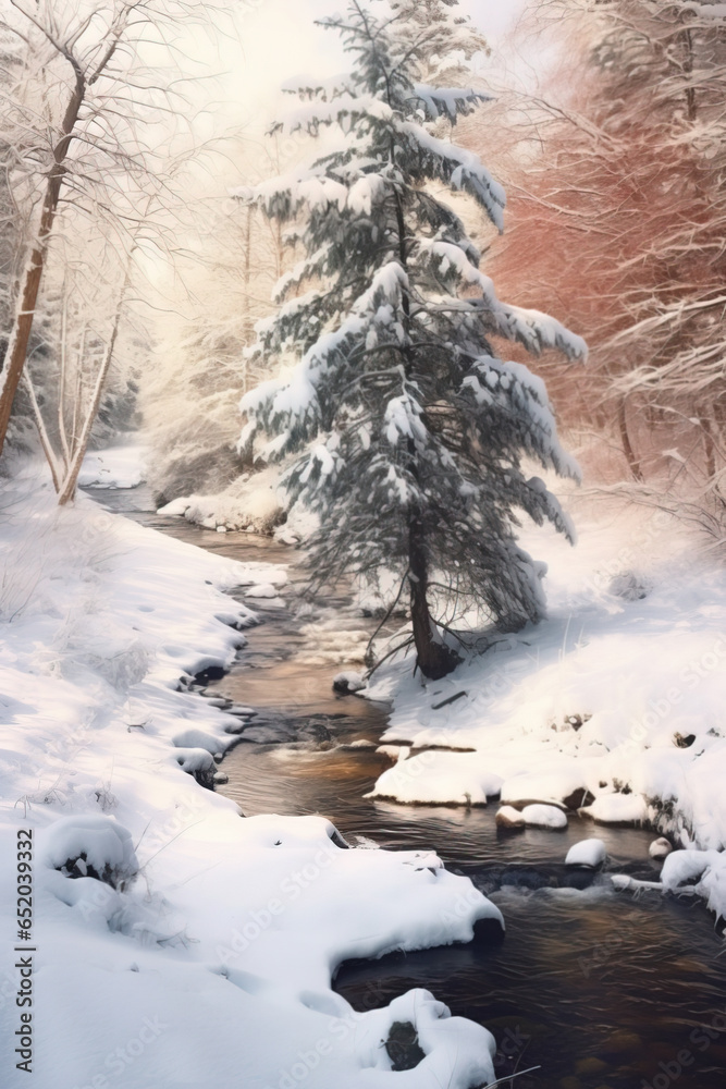Winter forest and a river in the snow. Snow covered landscape in the winter. Winter forest and a river in the snow. Snow covered landscape in the winter.