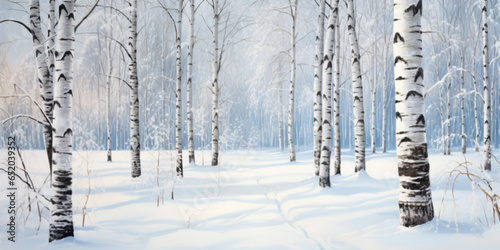 Painting of a winter landscape with snowy birch trees in the park © britaseifert