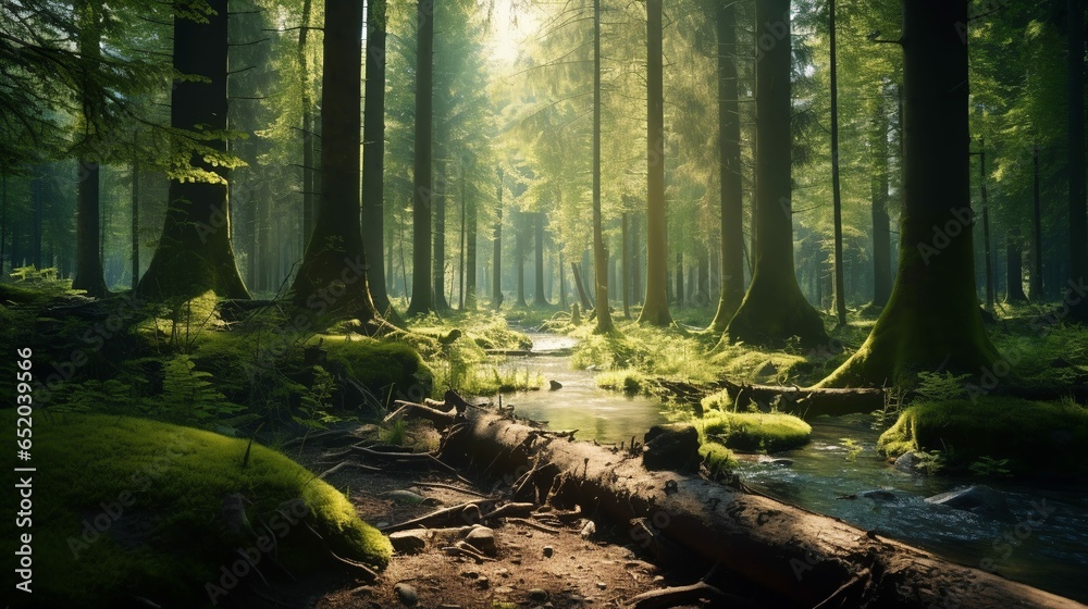 Enchanting wide angle view of a magical forest in all its natural beauty
