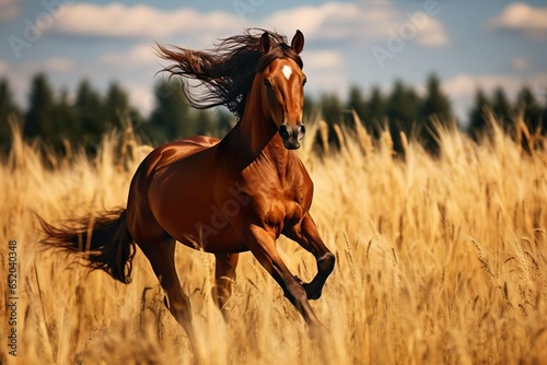 The bay horse gallops on the grass 