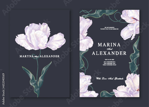 Minimalistic design of greeting or invitation card, template with white tulips flowers, leaves in realistic style with high detail. Vector poster, flyer, cover, place for text, post in social networks