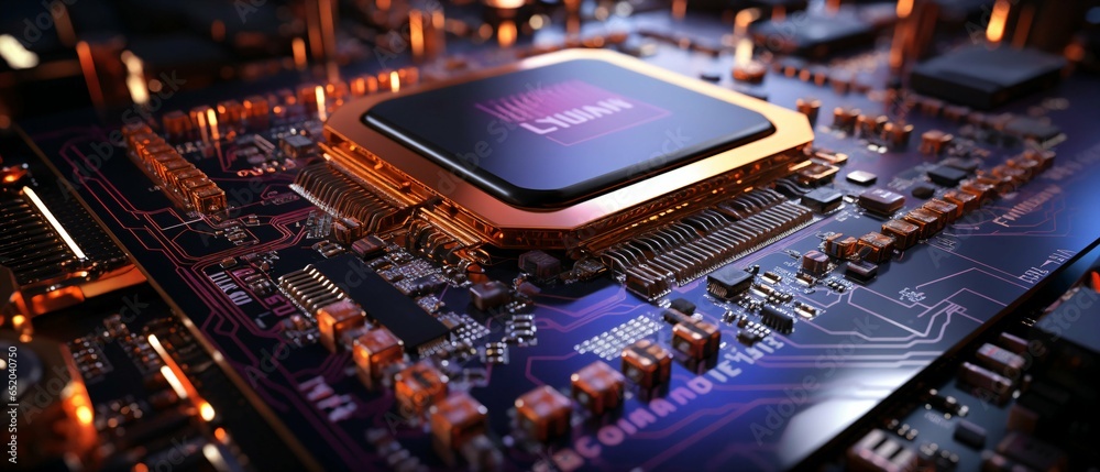 Obraz premium Motherboard with microchip with gold elements