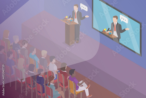 3D Isometric Flat Vector Conceptual Illustration of Forum, Speaker Giving a Presentation