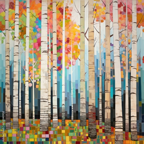 Abstract colorful geometric illustration of birch trees, birch tree forest, square aspect ratio. Generative AI.
