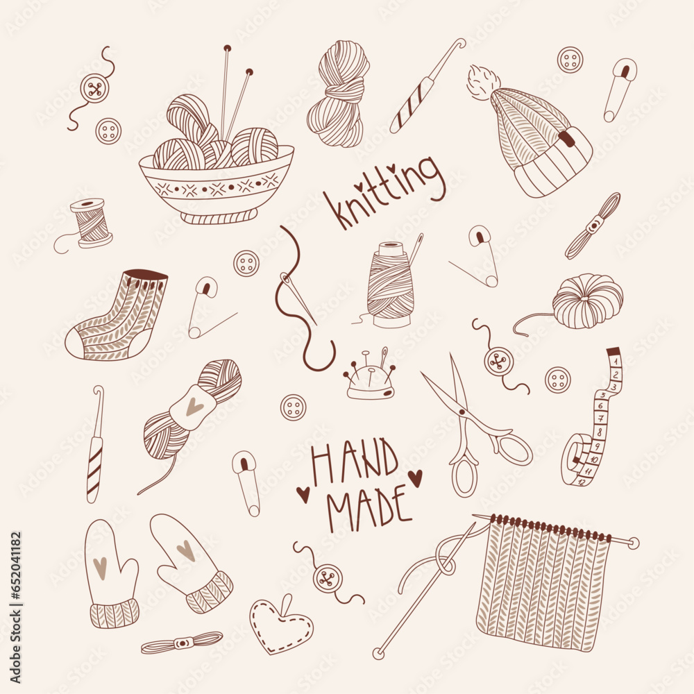 Set of knitting and sewing tools and accessories in doodle style. Hand drawn collection - obrazy, fototapety, plakaty 