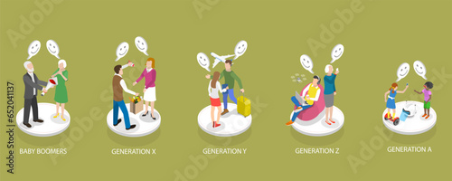3D Isometric Flat Vector Conceptual Illustration of Social Generations, Different Age Groups