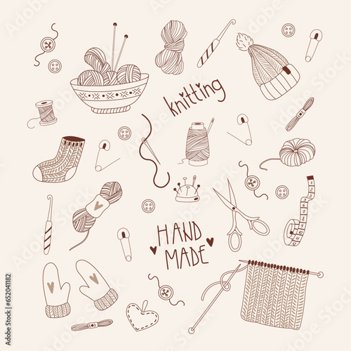 Set of knitting and sewing tools and accessories in doodle style. Hand drawn collection