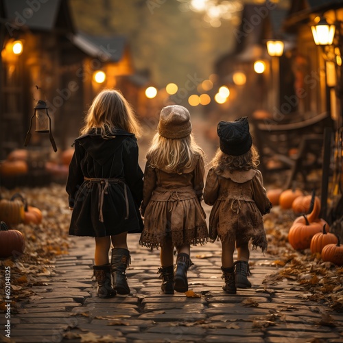Children from the back walk along the path in costumes on Halloween. Path with pumpkin decoration. kids walk in autumn
