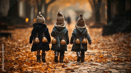 Children from the back walk along the path in costumes on Halloween. Path with pumpkin decoration. kids walk in autumn