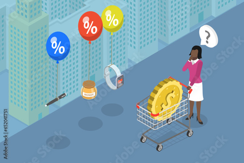 3D Isometric Flat Vector Conceptual Illustration of Rising Inflation, Economic Downturn