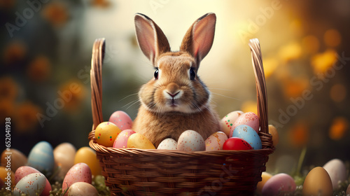 A bunny at Easter, clutching a basket filled with eggs photo