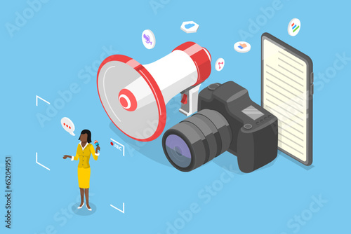 3D Isometric Flat Vector Conceptual Illustration of Journalism, TV, Internet and Radio Journalist