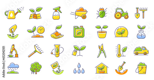 Set of color icons. Growing agriculture and gardener. Biotechnology plants. Sowing seeds. Vector line. Editable outline stroke.