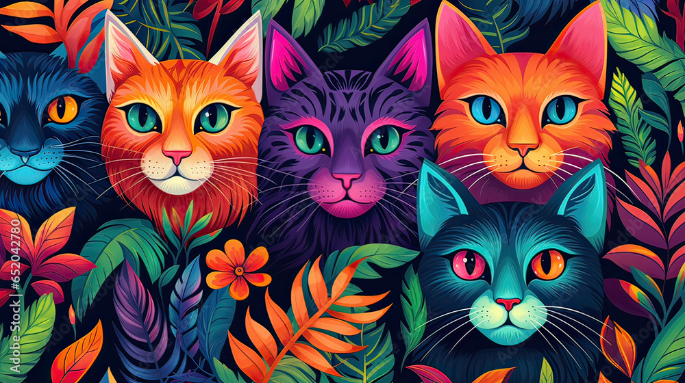 Obraz premium Seamless pattern of vibrant tropical cats, bursting with color. AI generative