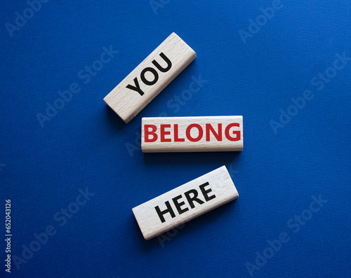 You belong here symbol. Wooden blocks with words You belong here. Beautiful deep blue background. Business and You belong here concept. Copy space.