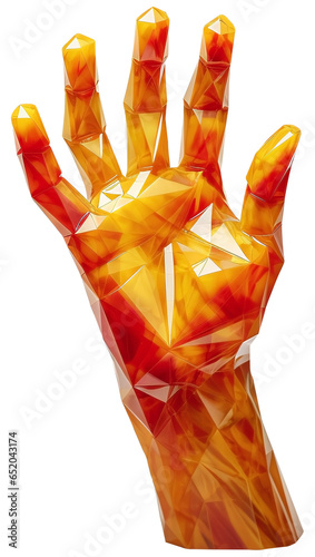 Low poly style orange crystal hand. Transparent background.