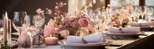 Table setting for a wedding. Glasses and plates for a romantic dinner, festive atmosphere with flowers and candles. Decor in Provencal style for the holiday with gentle colors.
