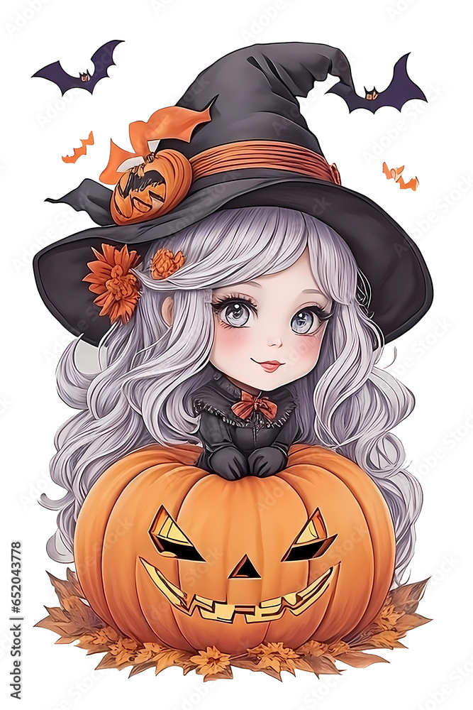 Little witch with pumpkin and bats, Happy Halloween, Generative AI Little witch with pumpkin and bats, Happy Halloween, Generative AI