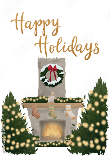 Postcard with handwritten lettering "Happy Holidays". Burning fireplace with wreath, presents, socks, pine trees. Vector illustration for poster, banner, advertising. Celebration holiday concept