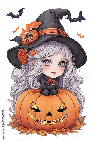 Little witch with pumpkin and bats, Happy Halloween, Generative AI